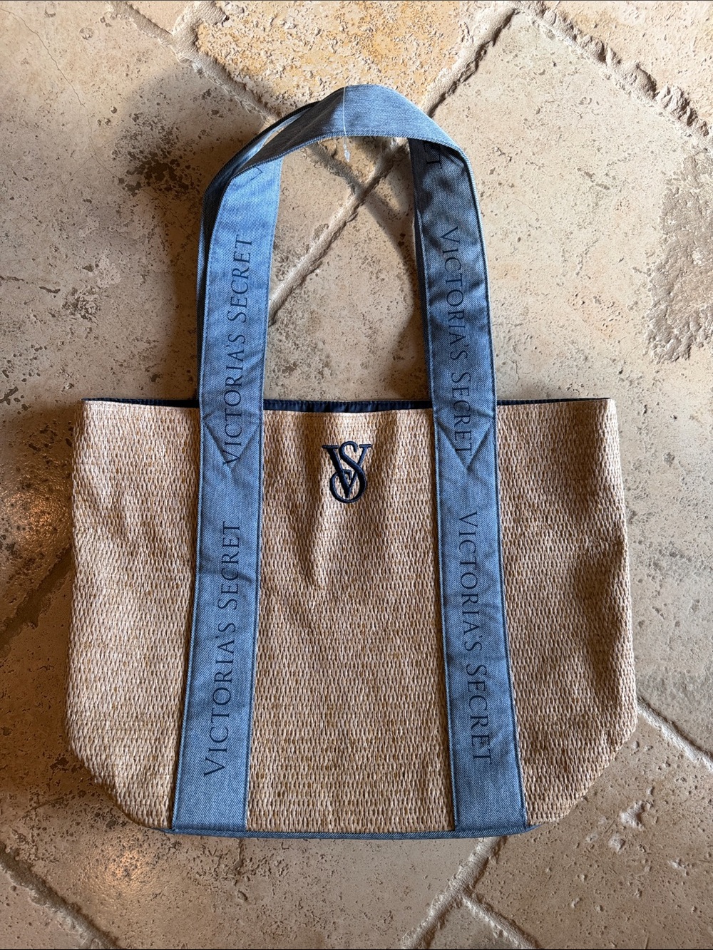 Victoria's Secret Natural Straw Tote with Denim-Blue Logo Straps